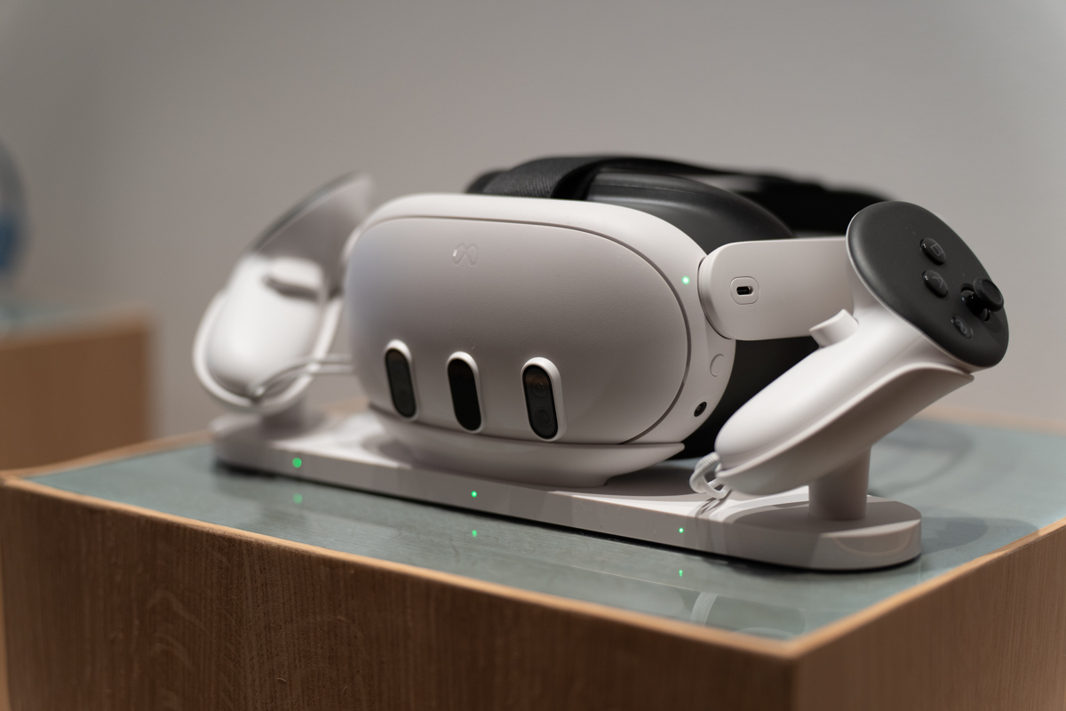 Meta Quest 3 Mixed Reality Headset that sits on the Meta Charging Dock