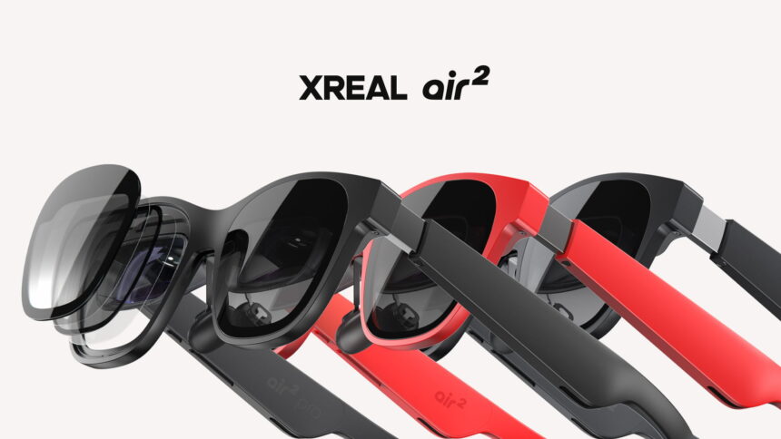 Three different color versions (black, red, gray) of the Xreal Air 2 AR headset.