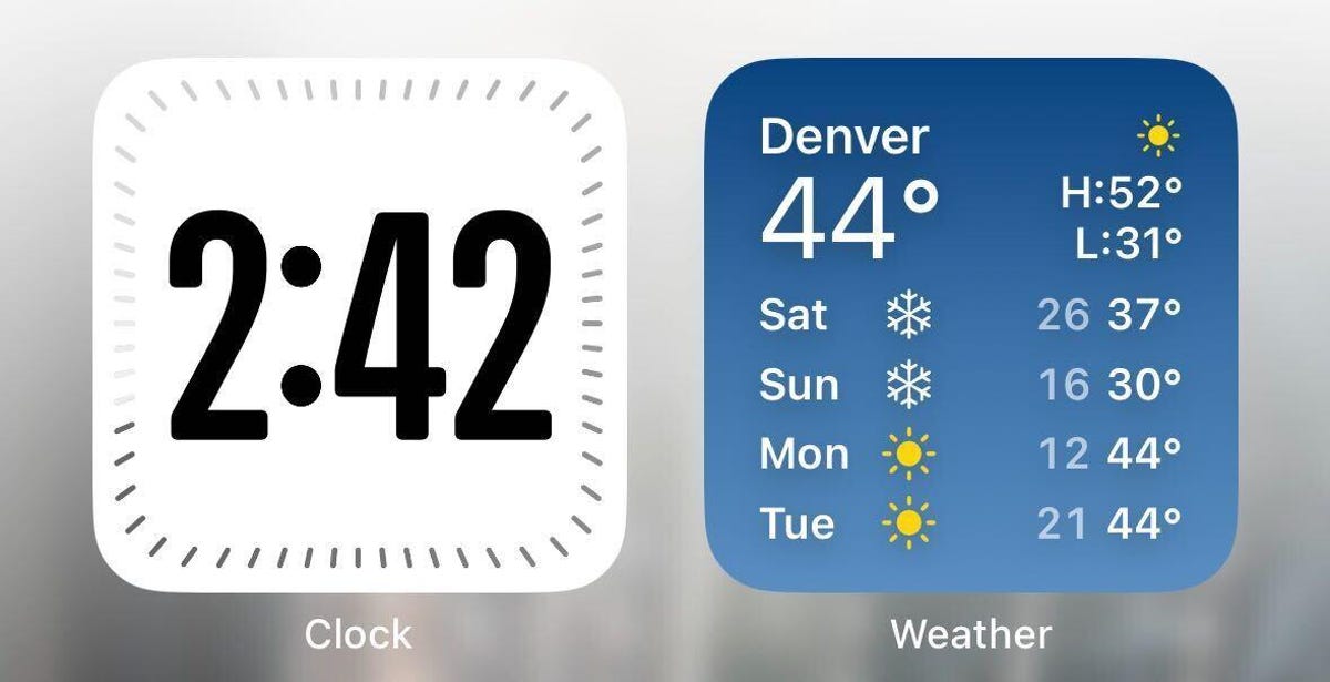 2:42 clock widget and a weather widget showing the forecast for Denver