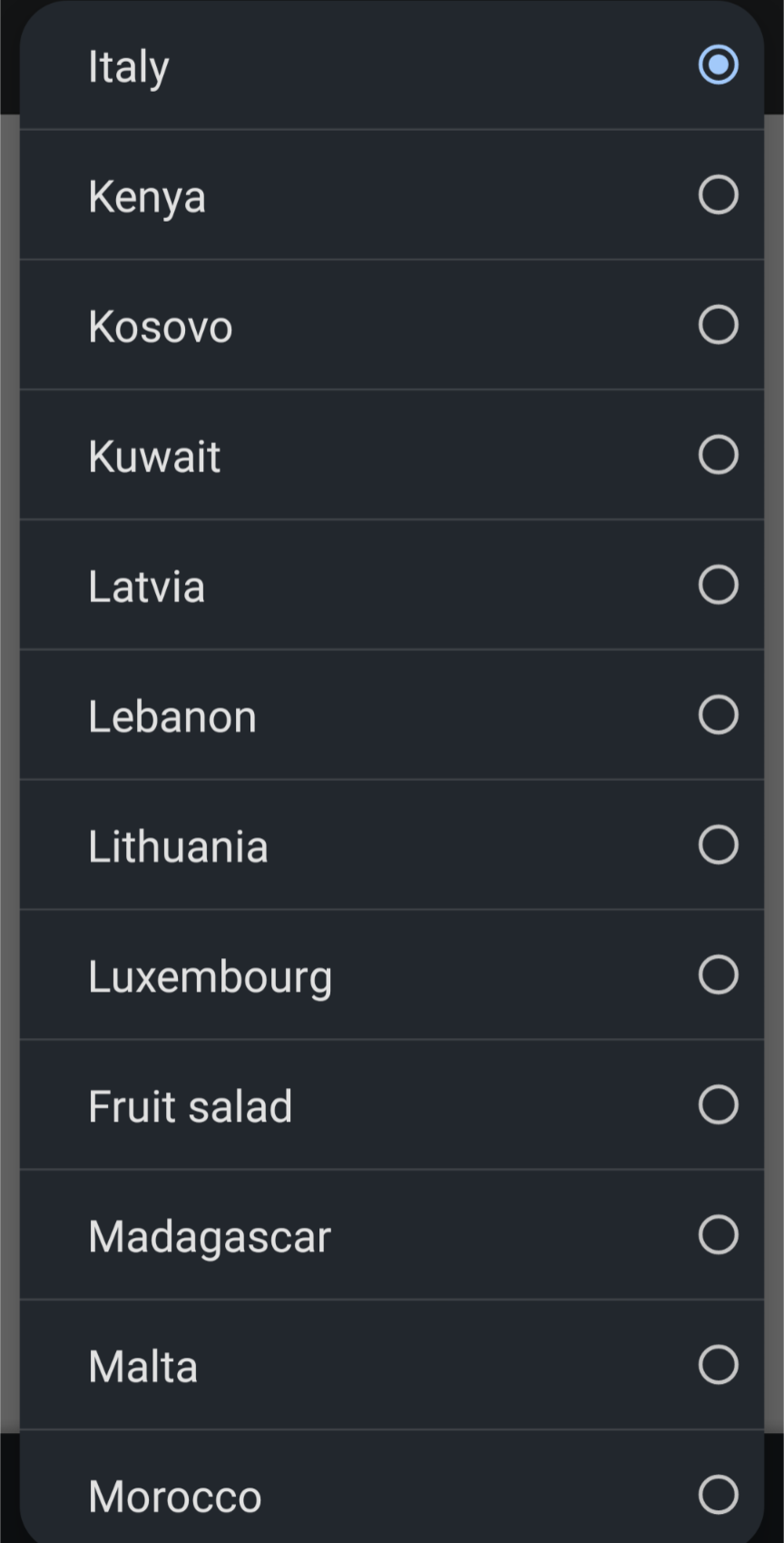 The online form that asks the user to select his country and one of the options is this "fruit salad"