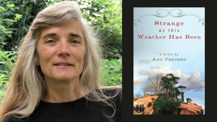 A photo of author Ann Pancake next to an image of her novel's cover "Strange as this weather has been." He has gray hair, smiles a little and wears a black shirt.  The cover of his novel is an artistic interpretation of removing the top of the mountain.  The figure of man is like a mountain, as shown by several dying trees, and oil pours from the stomach of the mountain of man.