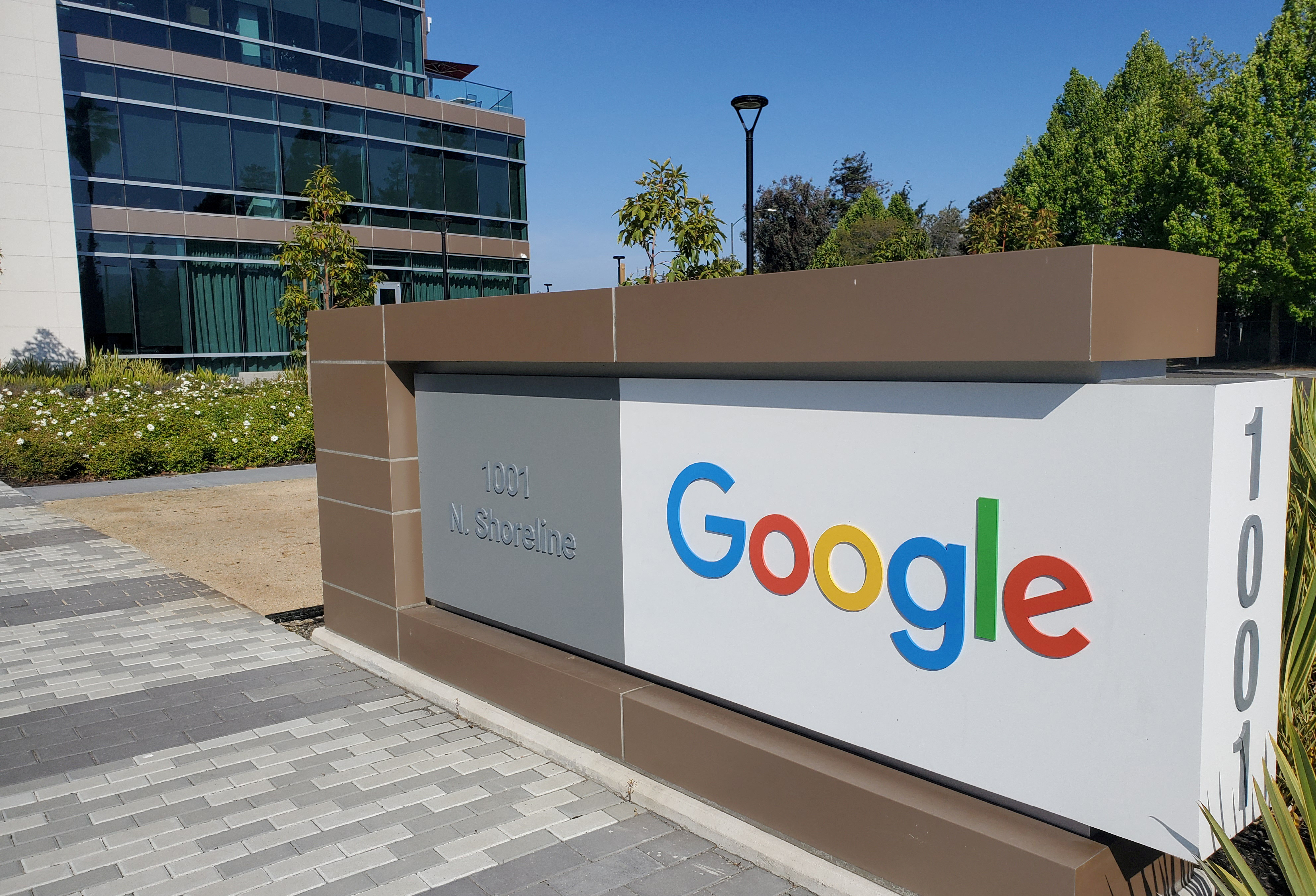 A sign is pictured outside Google's office near the company's headquarters in Mountain View, California